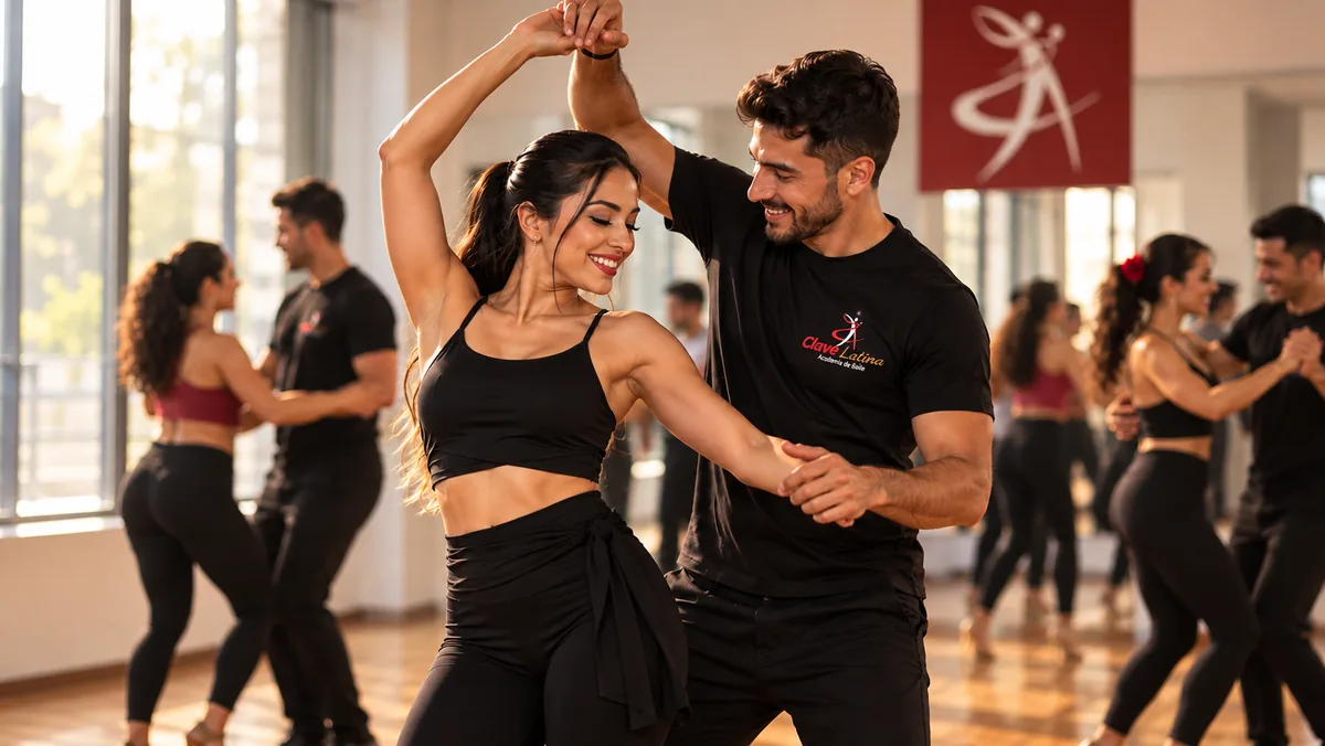 Estudiantes compartiendo y aprendiendo pasos de baile en salón de Clave Latina